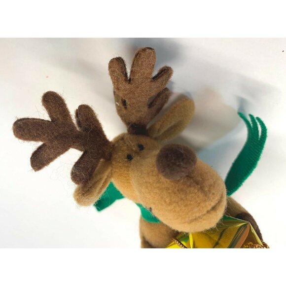 Reindeer Plush Christmas Tree Ornament Holding Gold Gift Box with Green Scarf - Picture 5 of 7